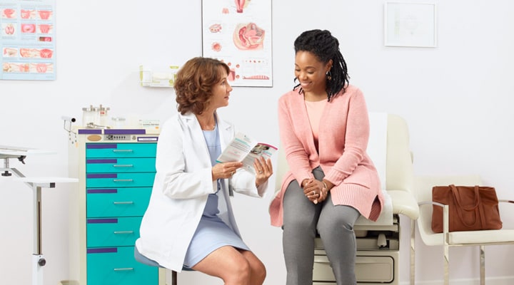 Woman discussing with her gynecologist.